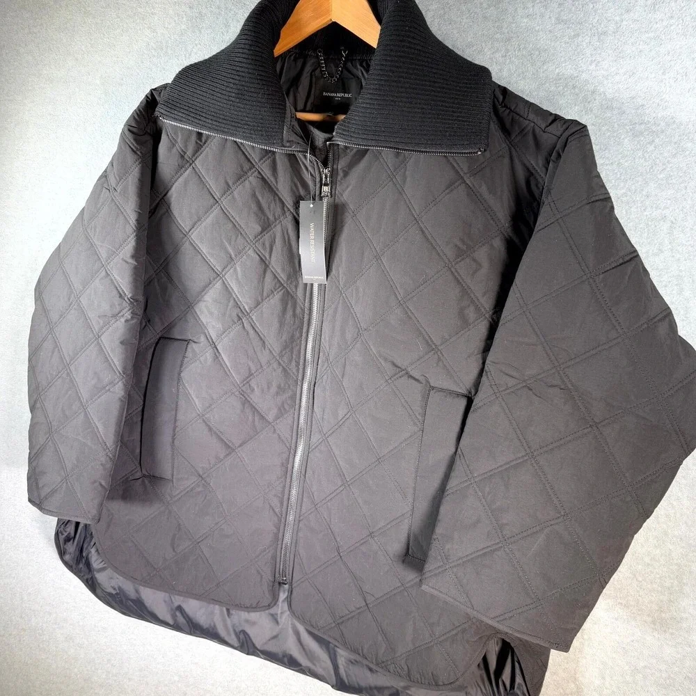 Banana Republic Quilted Jacket Mens Large Black Oversized Nylon Full Zip Pockets